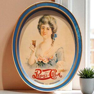 Vintage Pepsi-Cola Ad Oval Tray Metal Tin Refreshes Invigorates Victorian Woman